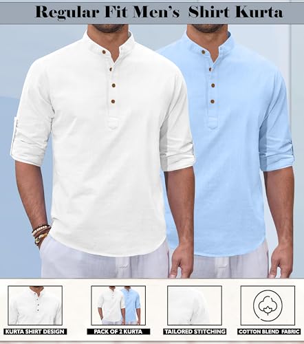 Image of Zombom Combo of Men's Casual Solid Cotton Polyester Blend Full Sleeve Straight Kurta Shirt (Pack of 2)