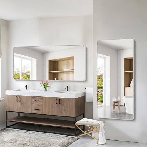 Image of 30x60 Inch Silver Bathroom Mirror, Large Rectangular Vanity Mirror, Metal Framed Rectangle Mirror, Rounded Corner Wall Mounted Mirrors for Living Room Bedroom Entryway Horizontal or Vertical