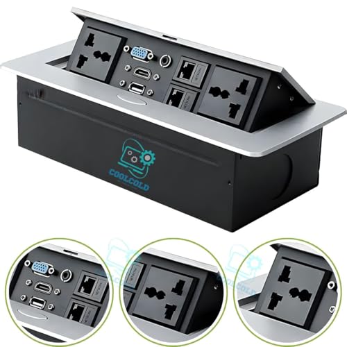 Image of COOLCOLD 10 Module, Hydraulic 8 Cables Cubby, Conference Table Connectivity Solutions, Pop Up Box with HDMI, VGA, Audio, LAN, Power Ports & USB Port (Silver) - 1 Year Warranty