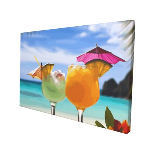 Décoration murale tropicale salon avec affiche plage et boisson