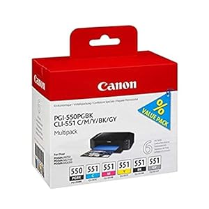 Canon PGI-550 / CLI-551 PGBK/C/M/Y/BK/GY Druckertinte – Multipack mit 6 Tinten für PIXMA Tintenstrahldrucker ORIGINAL