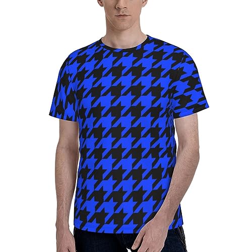Houndstooth Blue Black Men Tshirt Round Neck Short Sleeves Quick Dry Tee Shirt Soft Tops