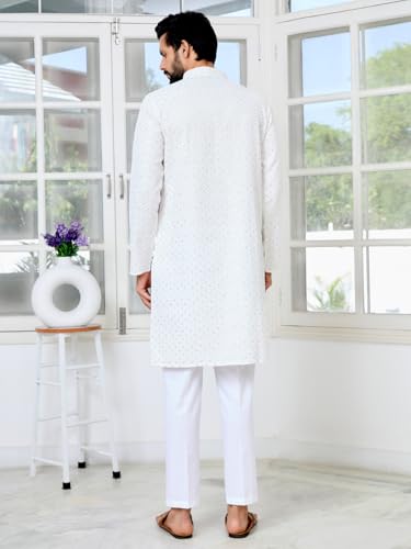 Image of See Designs Men's Full Sleeve Mandarin Collar Embroidered Thread Work Sequinned Rayon Straight Long Kurta - Festive Collection