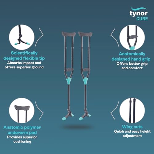Image of Tynor Skipper Axilla Crutch - Lightweight Underarm Crutches, 110 Kg Weight Capacity, Adjustable Height, Ergonomic Design for Comfort & Stability | Pack of 1 (Universal size, Black)