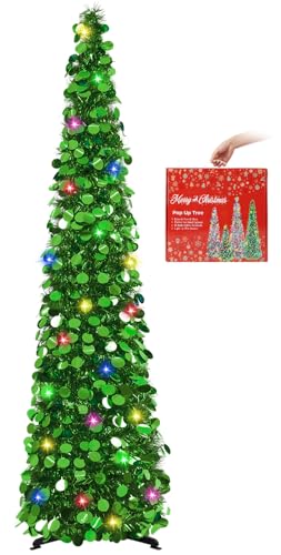 MACTING Pop Up Christmas Tree with 50 LED Lights 5FT Collapsible Tinsel Pencil Tree Easy-Assembly...