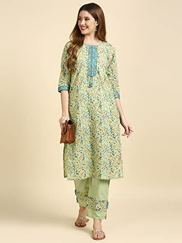 Image of anubhutee Women's Cotton Green Floral Printed Straight Kurta Suit Set With Pants