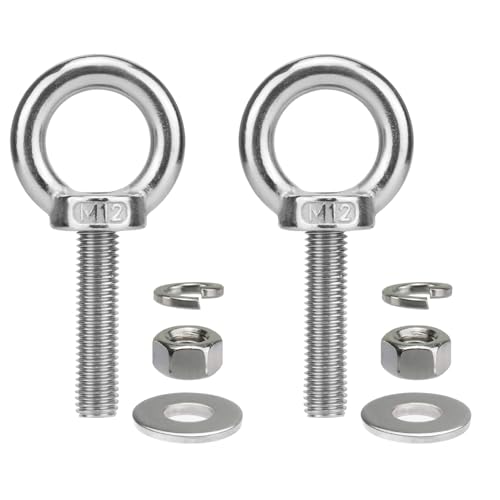 Image of M12 Stainless Steel Eye Bolts with Nuts 2 Pack, M12 x 50mm (15 /32 inch x 2 inch) Strong Shoulder Lifting Ring Eye Bolt for Boat & Hang, Heavy Duty Marine Grade Threaded Eyebolt for Tie Down Outdoor