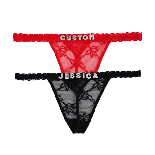 Custom Name Thongs for Women, Personalized Rhinestone Thong Panties, 2-Pack Romantic Underwear Gift, Customized Lingerie for Girlfriend, Anniversary, Valentine’s Day