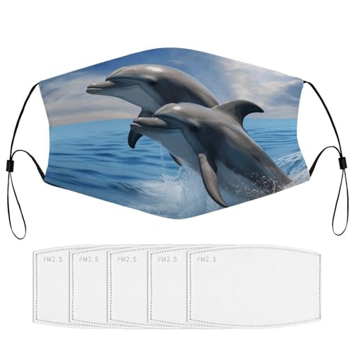 BVKWNTSA Reusable Respirator Face Mask with Filter - Two Dolphins Printed Breathable Cotton Dust/Paint Safety Cover, Adjustable Ear Straps & Nose Wire
