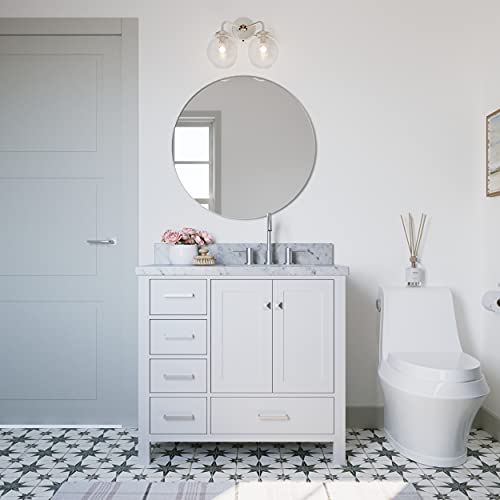 Ariel 37" Inch White Bathroom Vanity W/ 1.5" Edge Italian Carrara Marble Countertop-Backsplash | Right Rectangular Sink | 2 Soft Closing Doors & 5 Full Extension Dovetail Drawers | Satin Nickel Pulls #TOP1