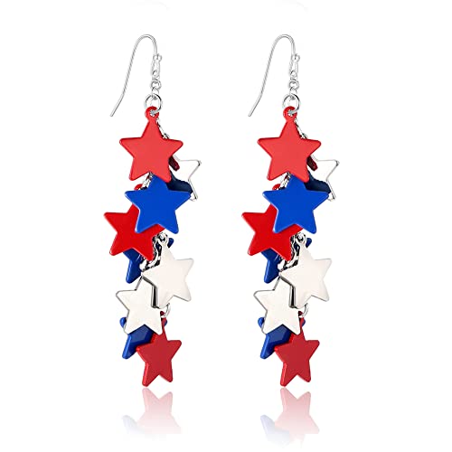 Classyzint Star Cluster Dangle Earrings For Women Lightweight Independence Day Earrings Patriotic Red Blue And Silver Stars Drop Earrings #TOP14