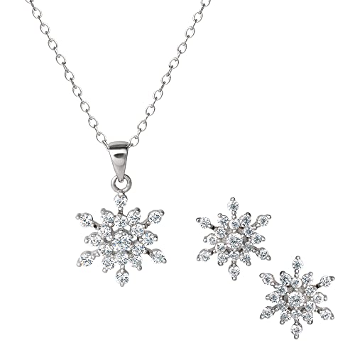 Disney Womens Frozen Snowflake Necklace And Stud Earrings Set - Sterling Silver Cubic Zirconia Snowflake Earrings And 18" Necklace - Frozen Jewelry #TOP4