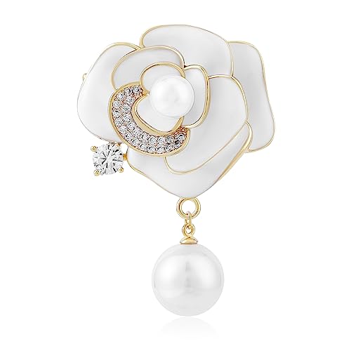 Image of Ornaland Pearl Camellia Flower Brooch Pin Rhinestone Crystal Brooch Flower Lapel Pin for Birthday Party Anniversary T-shirt Dress Clothing Accessories Jewelry Gift, White