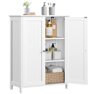 Yaheetech Bathroom Floor Cabinet, Modern Storage Freestanding Organizer Cabinet with Adjustable Shelves & Double Doors, 3-Tier Home Living Room Furniture, White