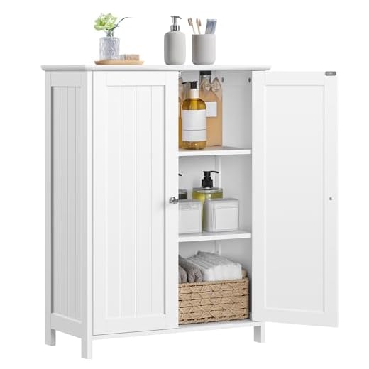Yaheetech Bathroom Floor Cabinet, Modern Storage Freestanding Organizer Cabinet with Adjustable Shelves & Double Doors, 3-Tier Home Living Room Furniture, White