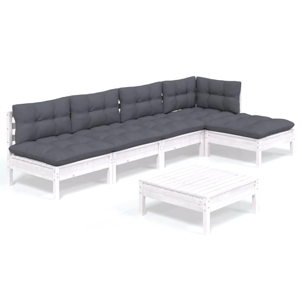Salon de Jardin 6 Pièces en Bois de Pin Massif Blanc, Ensemble Canapé d'angle, Canapés Centraux et Repose-Pieds avec Coussins Gris Anthracite pour Terrasse et Patio