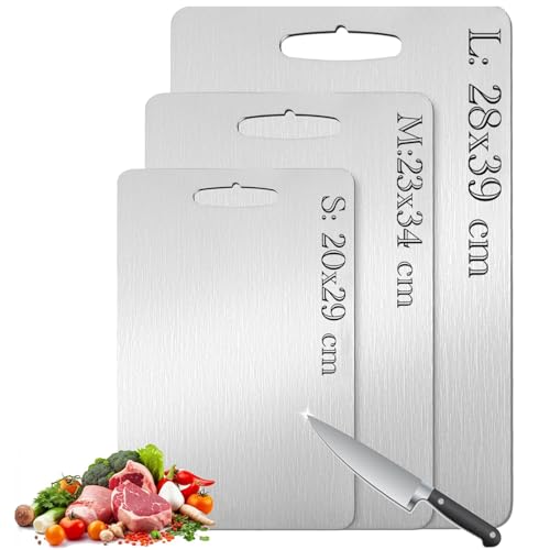 MINYII Titanium Cutting Board Set of 3,Titanium Chopping Boards for Kitchen, Double Sided Non Toxic Cutting Board, Ideal Charcuterie & Chopping for Meat, Hygiene Durable Dishwasher (Silver 3PCS)