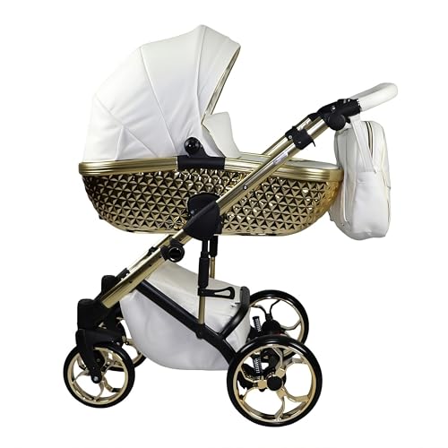 Ritmo Trio BBtwin Kinderwagen aus Kunstleder mit goldenen oder silbernen Akzenten, 3-teilig, 3-in-1 Öko-Leder, komplett mit Zubehör, Weiß