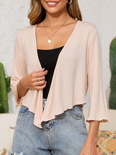 Image of Womens Tie Front Shrug 3 /4 Sleeve Bolero Cardigan Sheer Shrug Sweater Knotted Casual Lightweight Short Shawl Tops