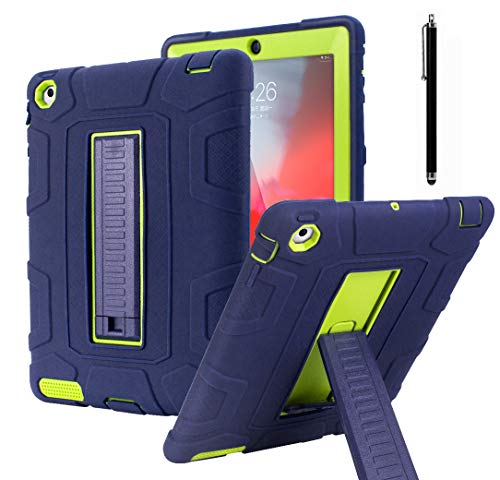 iPad 2 Case,iPad 3 Case,iPad 4 Case, AICase Kickstand Shockproof Heavy Duty Rubber High Impact Resistant Rugged Hybrid Three Layer Armor Protective Case with Stylus for iPad 2/3/4 (Navy Blue+Yellow)