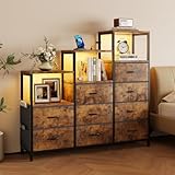 Seetech Fabric 9 Drawers Dresser, LED Dresser for Bedroom with 9 Drawers, Charging Station, Wood Top, Metal Frame, Anti-Tipping, 6 Shelves, Storage Organizer for Bedroom, Living Room (Brown)