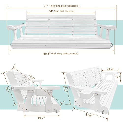Wooden Porch Swing 3-Seater, Bench Swing With Cupholders, Hanging Chains And 7Mm Springs, Heavy Duty 800 Lbs, For Outdoor Patio Garden Yard, 5 Ft. (White) #TOP4