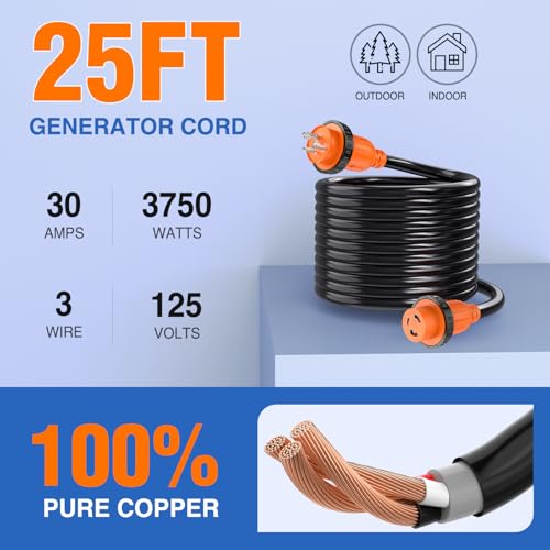 Image of Nilight 30 Amp 25FT Generator Extension Cord 3 Prong Shore Power Cords with Locking Waterproof NEMA L5-30P L5-30R Cable Heavy Duty 10AWG ETL Listed for RV Marine Boat Generators Outdoor Use