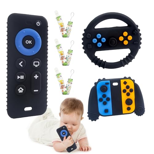 Image of 3 Pack Baby Teether Toys - TV Remote Control Shape Silicone Toddler Teething Toys for Babies 3 6 9 12 Months (Black)
