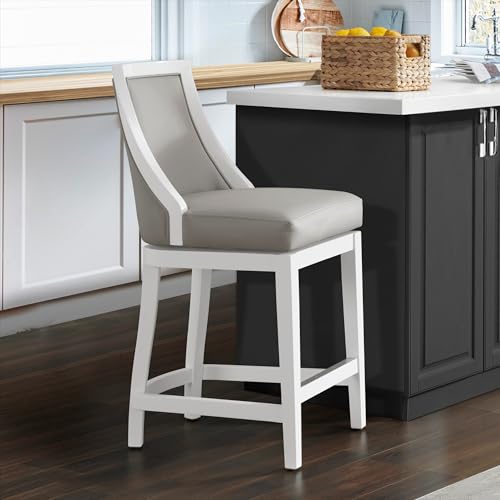 Image of Ellie Counter Height Swivel Stool with Back - 41 inch Tall Upholstered Barstool with Padded Seat, Solid Rubberwood Frame, Steel Memory Return, Metal Kick Plate - Kitchen Island & Home Bar Chair (White)