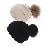 Women Knit Wool Beanie - Winter Fashion Solid Wool Hats Real Removable Raccoon Fur Pom Pom Warm Ski...