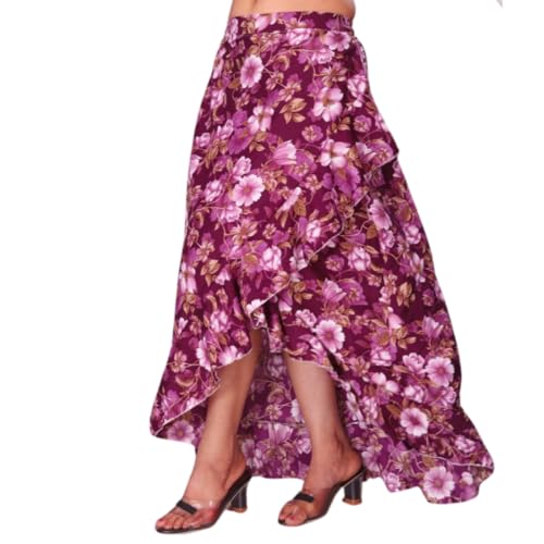 Image of JYESHTA Floral Print American Crepe Wrap Skirt with Ruffle Hem, Elastic Waistband (M, Flower Pink)
