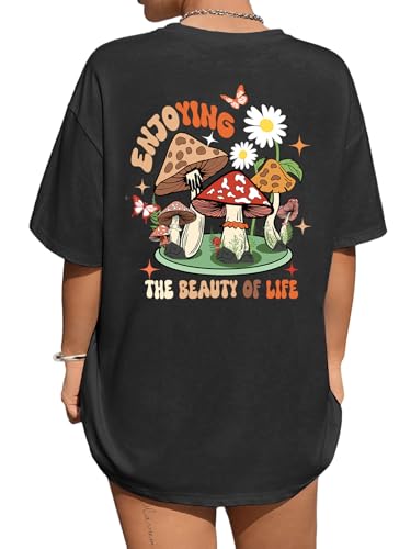 Avanova Women Mushroom Graphic Tees Oversized Loose Tshirts Baggy Short Sleeve Shirt Top Black Plant Large