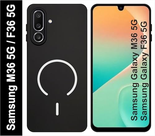 Image of SBMS Silicone Back Cover Case for Samsung Galaxy M36 5G / F36 5G | Soft Micro-Fibre Lining Inside | Magsafe Print On Back Side Camera Protection Bump | Shockproof Case Galaxy M36 5G (Black)