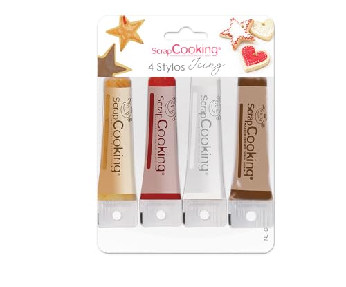 ScrapCooking - 4 Icing Stylos à Pâtisserie : Or, Choco, Blanc & Rouge - Crayons Alimentaires Comestibles Décoratifs Colorants pour Écrire et Dessiner sur Desserts, Gâteaux & Biscuits