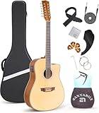 VEDO Violão eletroacústico de 12 cordas, tamanho padrão de 41 polegadas, ideal para iniciantes e adultos que tocam com os dedos, tampo em abeto, acompanha capa, palhetas, cordas e correia (Natural)
