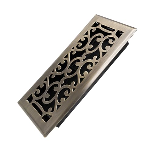 Howeall 4x10 Inches Heavy Duty Walkable Floor Register - Easy Adjust Air Supply Lever Decorative Floor Vent Covers - Savannah Design Vent Covers for Home - Antique Brass