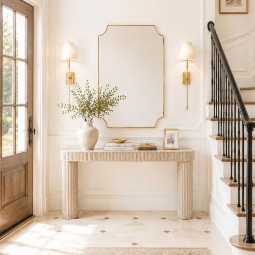 Image of TEHOME Gold Bathroom Mirrors, Brushed Brass Rectangle Scalloped Vanity Mirror for Bathroom,30x40''