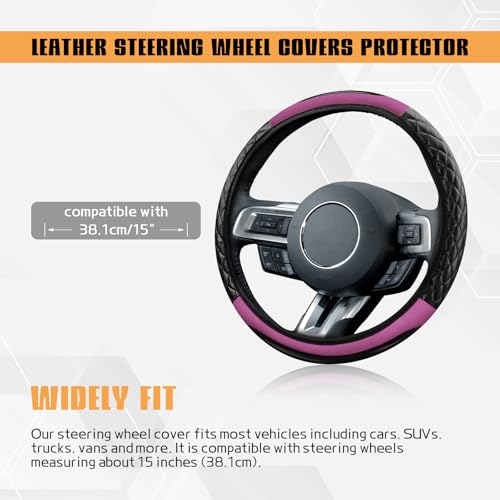 Wogomz Car Steering Wheel Cover, Leather Steering Wheel Covers Protector, Comfortable & Breathable Cars Wheel Cover Fits 15 Inch, Universal Interior Car Accessories for Most Vehicles (Purple)