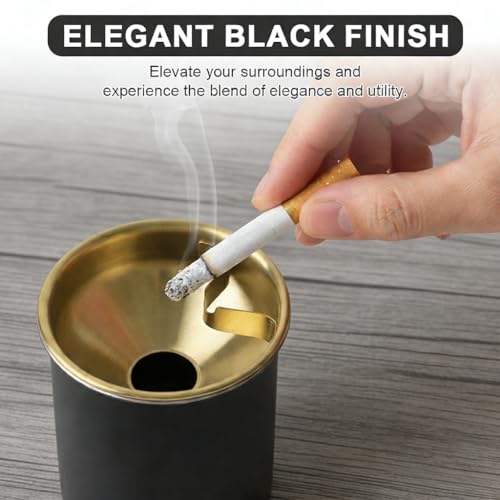 Image of HASTHIP Stainless Steel Ashtray, Windproof Ashtray with Funnel Lid, Car Ash Tray Table Ash Tray for Home Office, Black
