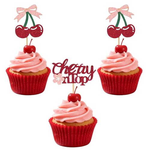 24 Adornos Cupcakes Cherry On Top, Palillos para Tartas con Temática de Frutas con Purpurina Roja para Cumpleaños Baby Shower Despedida de Soltera