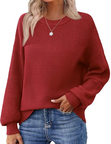 Image of Zeagoo Fall Business Casual Tops for Women Oversized 2025 Winter Crew Neck Long Sleeve Red Sweater Loose Knit Pullovers Tops