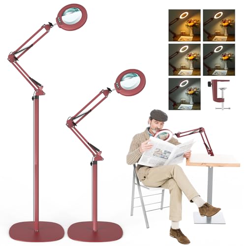 Image of 12X Magnifying Glass with Light and Stand, Real Glass Lens (Not Acrylic), 5 Color Modes, Stepless Dimmable, LED 3-in-1 Floor Lamp, Swing Arm with Clamp, Lighted Magnifier Hands Free for Crafts - Red