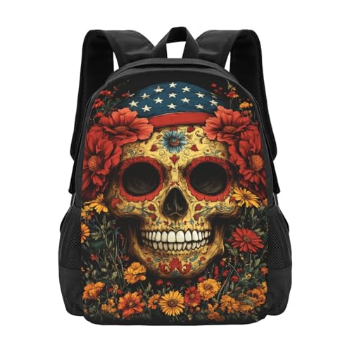 Image of Floral Skull Print Backpack For Men Women Lightweight Daypack For Daily Commutes Business Travel Hiking