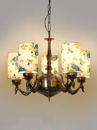 Image of Devansh 05-Light Round Printed Multicolor Cotton Shade Chandelier - Antique Golden Finish | Adjustable Cord | Warm Glow Lamp - Ceiling Light for Living Room, Dining Area, BedroomDecor - D11