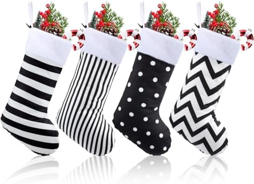 Realspring 4 Pcs Black and White Christmas Stockings Stripes and ...