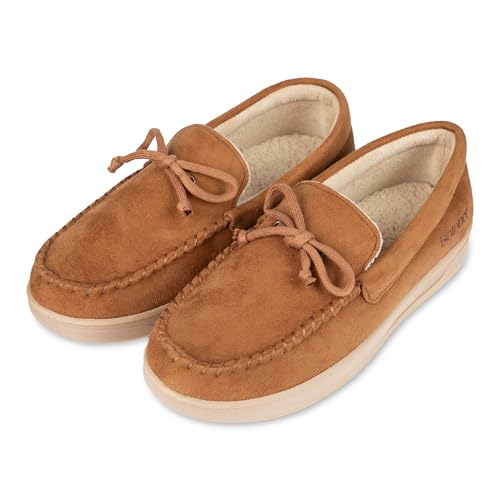 Image of Isotoner Men's Slip-On Indoor /Outdoor Essential Microsuede Boater Moccasin with Memory Foam Comfort Slipper, Cognac, Large