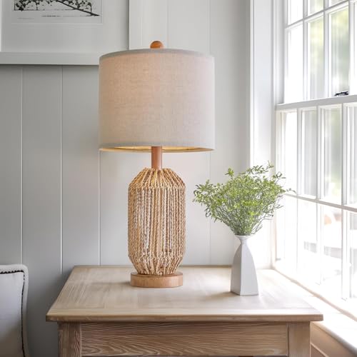 Image of OYEARS 21 inch Boho Table Lamps Set of 2 for Living Room, Bedside Lamps for Nightstand, Rattan Lamp for Bedroom, Farmhouse Table Lamps for Boho Decor, End Table, Retro, Brown