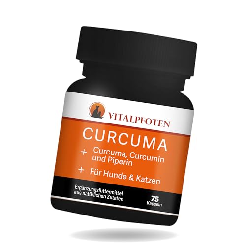 Vitalpfoten 75 Curcuma Kapseln für Hunde und Katzen mit Curcumin und Piperin, Ergänzungsfuttermittel sanfte Dosierung, Herstellung in Deutschland, höchste Reinheit und Qualität