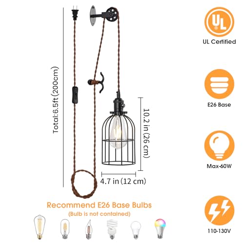 Image of Plug in Pendant Light Set of 2,Industrial Hanging Lamps that Plug into Wall Outlet,Farmhouse Pulley Pendant Light with Plug in Cord, Wall Lamps for Bedroom Living Room Kitchen.
