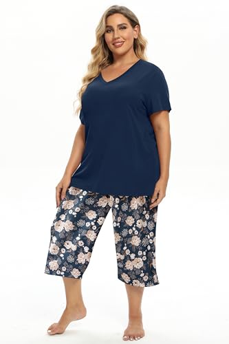 Image of Vozanet Women's V Neck Sexy Pajamas Capri Sets Mexican Style Floral Sleepwear 2PCS Totem Casual Nighty Plus Size M to 5XL